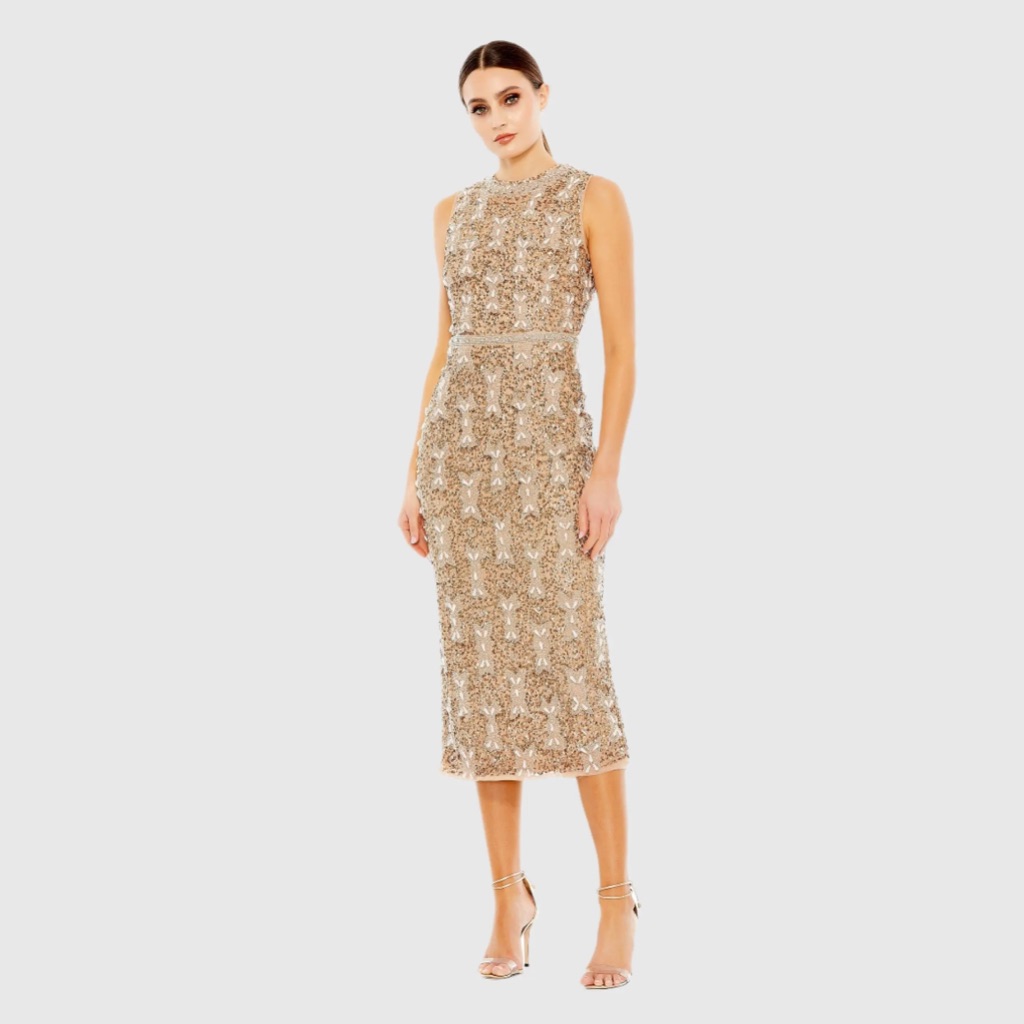 Mac Duggal Beige Embellished High Neck Sleeveless A Line Dress